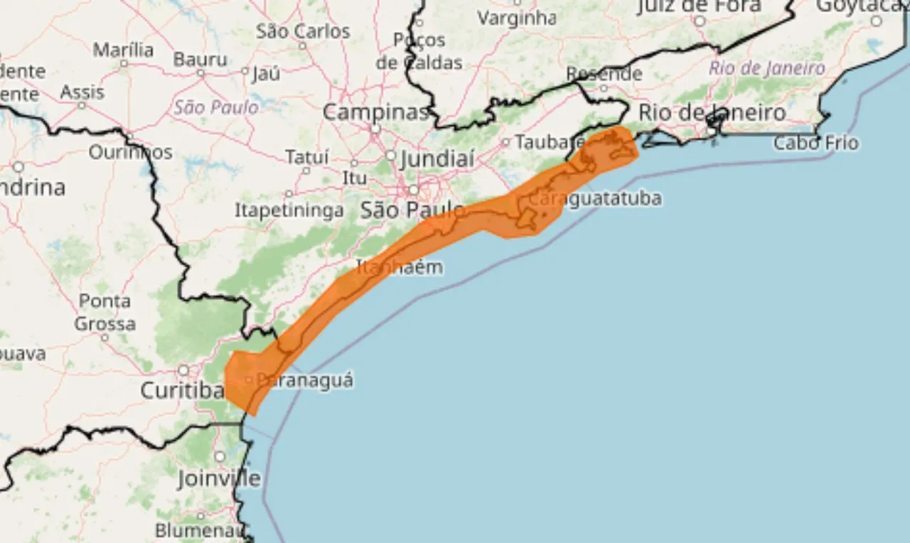 A imagem mostra alerta de ventos costeiros em 3 estados brasileiros
